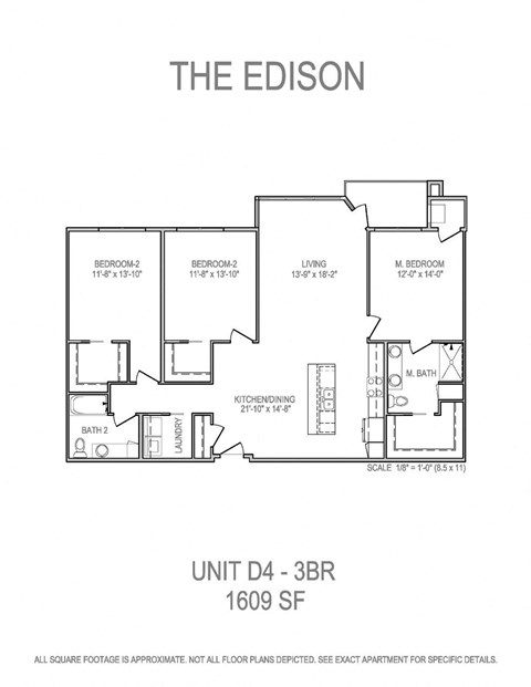Floor plan for 3 beds, 2 baths, 1609 sqft